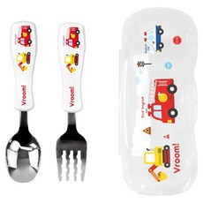 kitchen U 噗噗車兒童不鏽鋼3件組, 1套, 湯匙 + 叉子 + 收納盒, 混合顏色