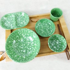 Paulers 懷舊小吃餐具5件組 B, 1套, 飯碗 + 水杯 + 雙格盤 + 麵碗 中 + 小菜盤, 綠色 + 白色