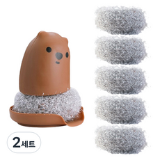 에이비엠코리아 곰돌이 손잡이 아크릴 수세미 본품 브라운 + 리필 5p 세트, 2세트, (undefined)