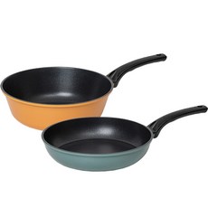 BAFLIFE IH感應爐適用日常鍋具組, 平底鍋 28cm+深炒鍋 28cm, 藍綠色+橘色