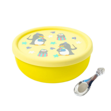 KOM 316不鏽鋼兒童隔熱碗, 企鵝(黃), 矽膠上蓋 + 湯匙, 1組