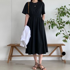 afinar 女款腰部鬆緊帶短袖長洋裝, 黑色