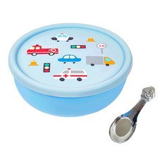 KOM 316不鏽鋼兒童隔熱碗, 藍色, 矽膠上蓋 + 湯匙, 1組