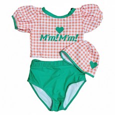 愛北鼻 夏季兒童兩件式泳裝 橘愛心格紋 附泳帽