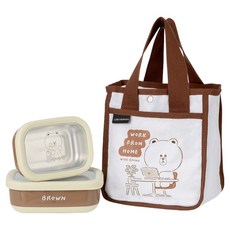 Hiromimi LINE FRIENDS 宅家手提保鮮盒3件組 外層塑膠PP材質 內層304不鏽鋼 輕便袋, 熊大, 1組