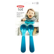 OXO tot 寶寶握全矽膠湯匙組, 深匙面寶貝好好舀, 彎曲手柄設計, 不含雙酚A, 靚藍綠, 湯匙2入, 1組