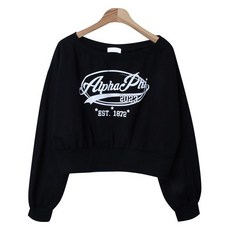 시크블랙 엘레브 레터링 프린팅 오프숄더 크롭 맨투맨 cpt15778k48