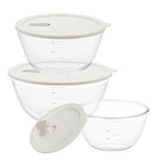 리본제이 내열유리 계량 믹싱볼 + 실리콘 스팀홀 뚜껑 세트, 믹싱볼 3종 + 뚜껑 3종, 1세트