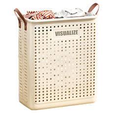 德利生活 可折疊髒衣收納籃 無輪子款, 鏤空設計, 強力承重, 抗壓抗變形, 大, 奶油色