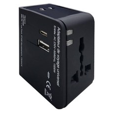 好米 多國旅行充電器 USB接口 + Type-C接口, 黑色, 1個, 55mm