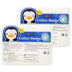 PUKU 藍色企鵝 大雪人安全棉花棒 60支, 純棉材質, 雙頭設計, 2盒