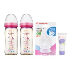 DoubleHeart SofTouch 母乳實感PPSU奶瓶240ml*2個+奶嘴頭*2個+乳液20ml*1條 6-9個月, 玩具圖案透明色, 240ml, 1組