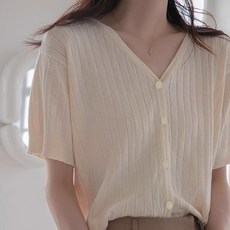 Paperments 女款寬鬆版V領直條紋短袖針織開襟衫 22745
