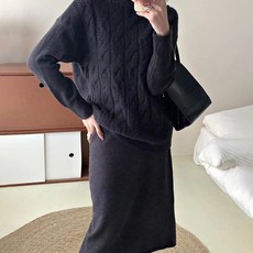 더시럽 여성용 트위스트 터틀넥 솔리드 니트 투피스 셋업