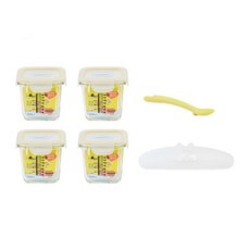 Glasslock 格拉氏洛克 副食品刻度調理盒 四面扣蓋款 4個 + 矽膠感溫湯匙, 黃色, 1組