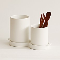 Nature Living 陶瓷製餐具瀝水桶 2入+底盤組, 白色, 1組