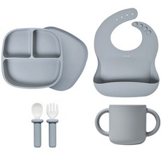 LALABY 孩童食品餐具4入組, 04款 灰色, 吸盤底座+湯匙+叉子+便當盒+圍兜+杯子