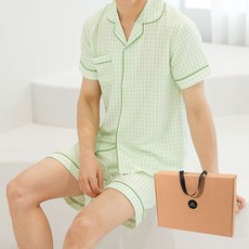 글램공감 커플용 지지미 블럭체크 반팔 여름 잠옷 투피스 세트 + 선물박스