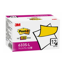 3M Post-it 633S-L 狠黏環保經濟包便條-黃, 黃色, 90張, 12本