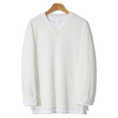 M.N.C 大尺碼坑條V領長袖T恤 MDIT050LW, 象牙白