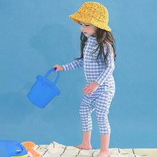 GOING KIDS 童款格紋連身泳裝+遮陽帽+收納袋組