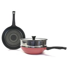 廚房藝術骨蒸鍋 4 件套, 粉色, 煎鍋28cm+炒鍋28cm+蒸籠28cm+矽膠玻璃蓋28cm
