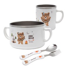 iNDi BEAR 防滑雙層不鏽鋼印花餐具碗杯組, 混色, 飯碗+杯子+湯匙+叉子