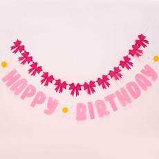 PARTYSHOW 生日派對裝飾拉旗緞帶 + 雛菊套組, 1套, 拉旗(3色混合), 粉紅色(雛菊)