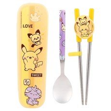LiLFANT 寶可夢學習餐具3件組, 湯匙 + 學習筷, 寶可夢 黃色 + 銀色, 1組