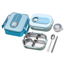 Mega 太空艙可愛熊兔304不鏽鋼四格保溫便當盒 +袋, 四格藍熊, 1組