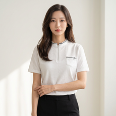 크로커다일 레이디 여성용 에리 메탈 믹스요꼬 포켓 디테일 반집업 티셔츠 CLDM-TS213