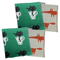 Pure Sunday Pure Noodles 三杯貓紗布抹布 2 件套, 杯子貓,紅狐狸, 4個