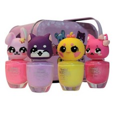 Tomini Friends 水性指甲油 貓咪 + 小雞 + 小狗 + 兔子 + 鐵盒套組, 1個, 閃亮粉(貓咪), 檸檬黃(小雞), 薰衣草紫(小狗), 蜜桃粉(兔子)