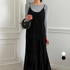 NANING9 女款Elcho皺褶吊帶長連身裙, 1個, 黑色