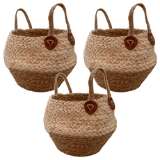 THiRTEEN 拾參家居 草編收納籃 玉米皮海草材質, 25 x 35cm, 3個, 草編 棉麻色