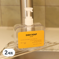 국내 제조 슬림형 주방세제 리필용기 펌프 300ml + DISH SOAP 라벨 세트, 투명 + 화이트(용기), 옐로우(라벨지), 2세트