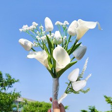 EPLYN 人造花 戀愛婚禮捧花與胸花套組, 白色