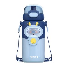 魔法熊 316兒童保溫杯 食用級矽膠吸管 直飲式鎖扣蓋 鎖水密封裝置 安全防漏 搭配背帶 可調節 出行攜帶方便, 深藍, 460ml, 1個