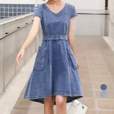 아뗄릭 캡소매 브이넥 양 포켓 데님 원피스 00006 빅사이즈 포함