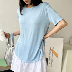 플랜데이 여성용 보들보들 데일리 레이온 스판 반팔 롱 티셔츠