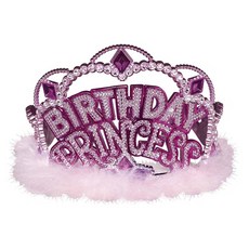 派對城 塑膠皇冠-生日公主 生日派對裝扮 閃亮水鑽點綴 粉色羽毛點綴, 1入