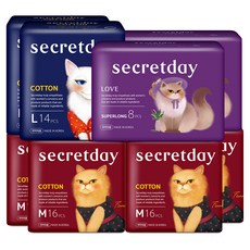 secretday 純棉翼型衛生棉 M號 16片 4包+L號 14片 2包+加長夜用型 8片 2包, 1組, 夜用型