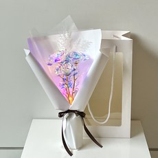 Midaun Flower 人造花 全息玫瑰迷你花束 LED三朵 + 雪花人造花 + 購物袋, 雪白色, 1套