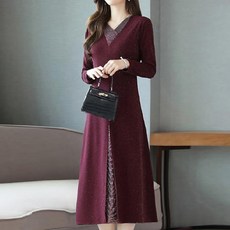 PAPERMENTS 女款大尺碼V領拼接連衣裙, 酒紅色