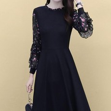 PAPERMENTS 女款大尺碼透膚碎花雪紡長袖連身裙, 黑色的