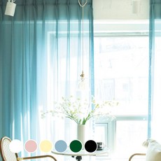 Maison Textile 連窗簾鉤也可洗滌的飄逸雪紡蝴蝶褶窗簾2件組, 粉彩藍