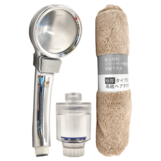 Water More 水摩爾 一鍵止水增壓SPA蓮蓬頭 附雙重除氯過濾器 + 雪尼爾大浴巾, 銀色, 1組