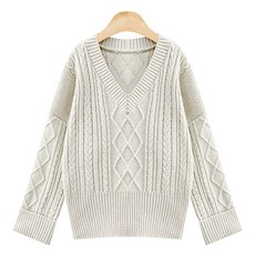 KnitNJean 女款Oversize側開衩麻花捲邊Vecchia V領針織衫