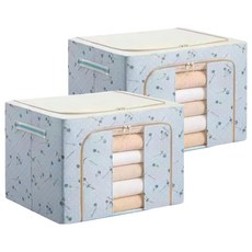 小麥購物 大容量防潑水牛津布雙門單視窗衣物鐵架收納箱 66L, 2個, 藍色小草