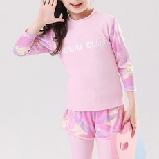 우주아이 여아용 저학년 비치슈가 래쉬가드 상하의 + 반바지 세트
